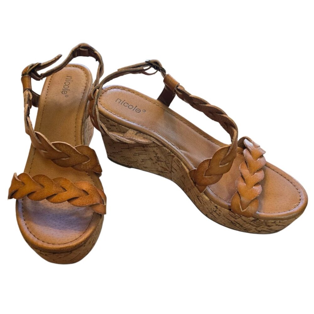 NICOLE Brown Braided Cork Wedge Platform Sandals sz 8